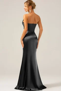 Sereia Cinzento Azul Cetim Esparguete Correias Plissado Maxi Dress