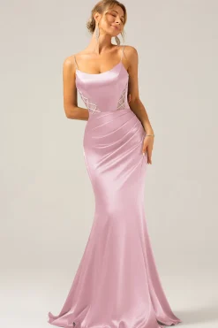 Sereia Cinzento Azul Cetim Esparguete Correias Plissado Maxi Dress