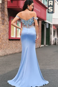 Sereia Céu Azul Fora do Ombro Corset Vestido Longo Baile Com Fenda