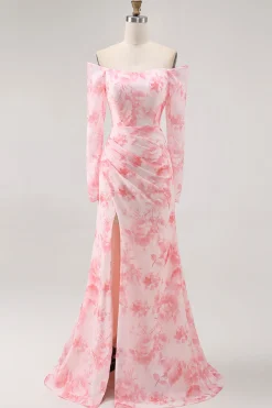 Sereia da flor rosa fora do ombro vestido de dama de honra de manga longa com fenda