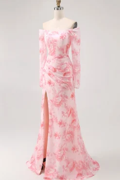 Sereia da flor rosa fora do ombro vestido de dama de honra de manga longa com fenda