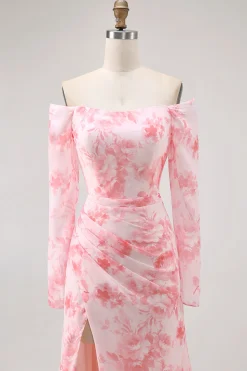 Sereia da flor rosa fora do ombro vestido de dama de honra de manga longa com fenda