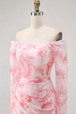 Sereia da flor rosa fora do ombro vestido de dama de honra de manga longa com fenda