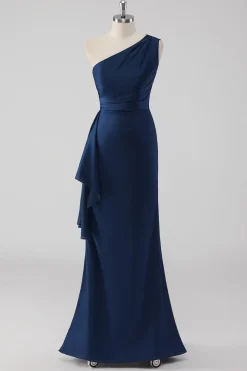 Sereia da Marinha Um Ombro Longo Vestido Formal com Folhos