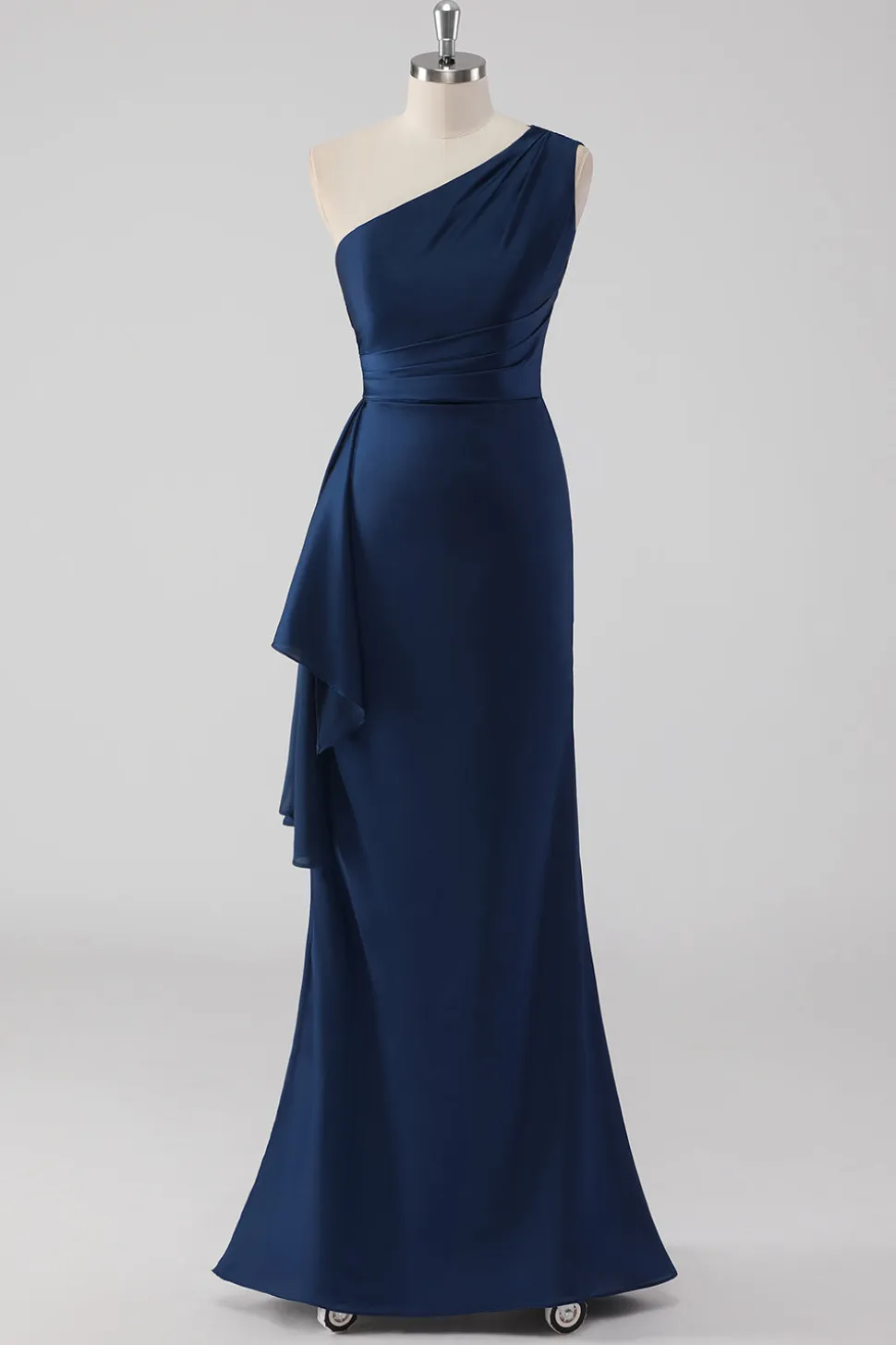 Sereia da Marinha Um Ombro Longo Vestido Formal com Folhos