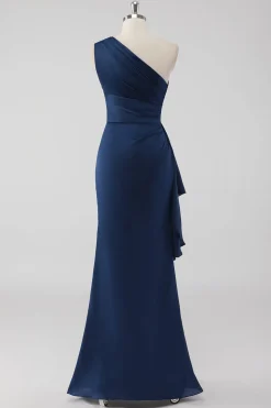 Sereia da Marinha Um Ombro Longo Vestido Formal com Folhos