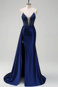 Sereia da Marinha V-Neck Watteau Train Corset Beaded Prom Dress with Slit