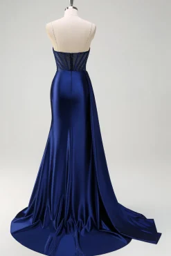 Sereia da Marinha V-Neck Watteau Train Corset Beaded Prom Dress with Slit