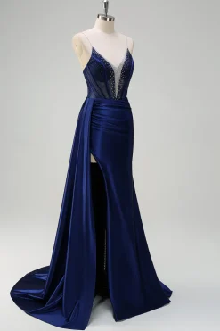 Sereia da Marinha V-Neck Watteau Train Corset Beaded Prom Dress with Slit