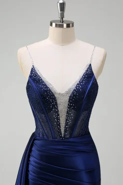 Sereia da Marinha V-Neck Watteau Train Corset Beaded Prom Dress with Slit