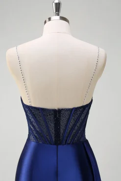 Sereia da Marinha V-Neck Watteau Train Corset Beaded Prom Dress with Slit