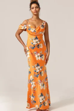 Sereia da moda Um ombro estampado vestido de dama de honra flor laranja