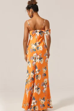 Sereia da moda Um ombro estampado vestido de dama de honra flor laranja