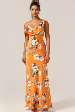 Sereia da moda Um ombro estampado vestido de dama de honra flor laranja