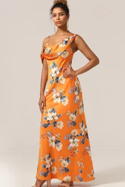 Sereia da moda Um ombro estampado vestido de dama de honra flor laranja