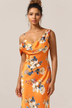 Sereia da moda Um ombro estampado vestido de dama de honra flor laranja