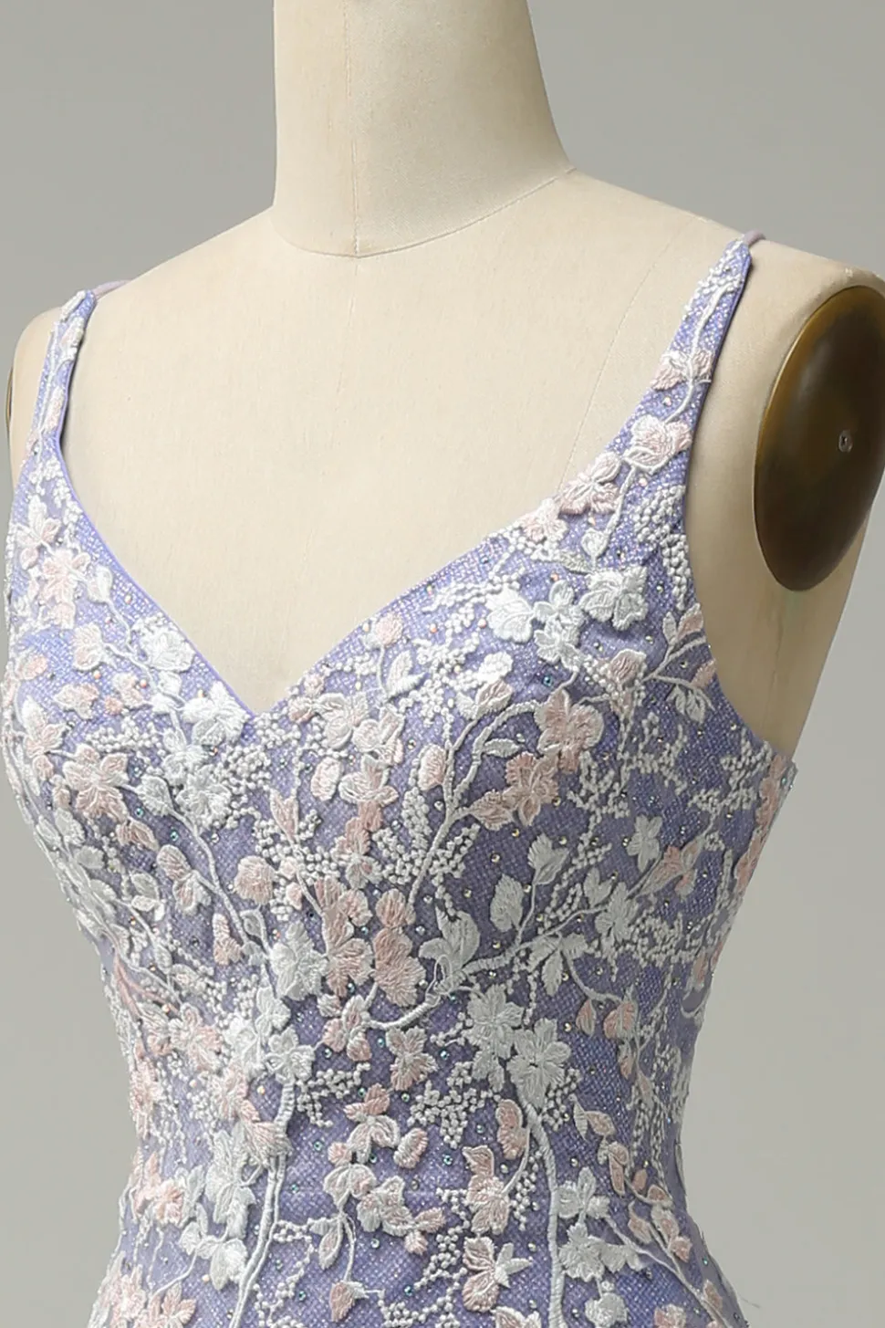 Sereia da moda V pescoço azul claro vestido longo baile de formatura com apliques fenda