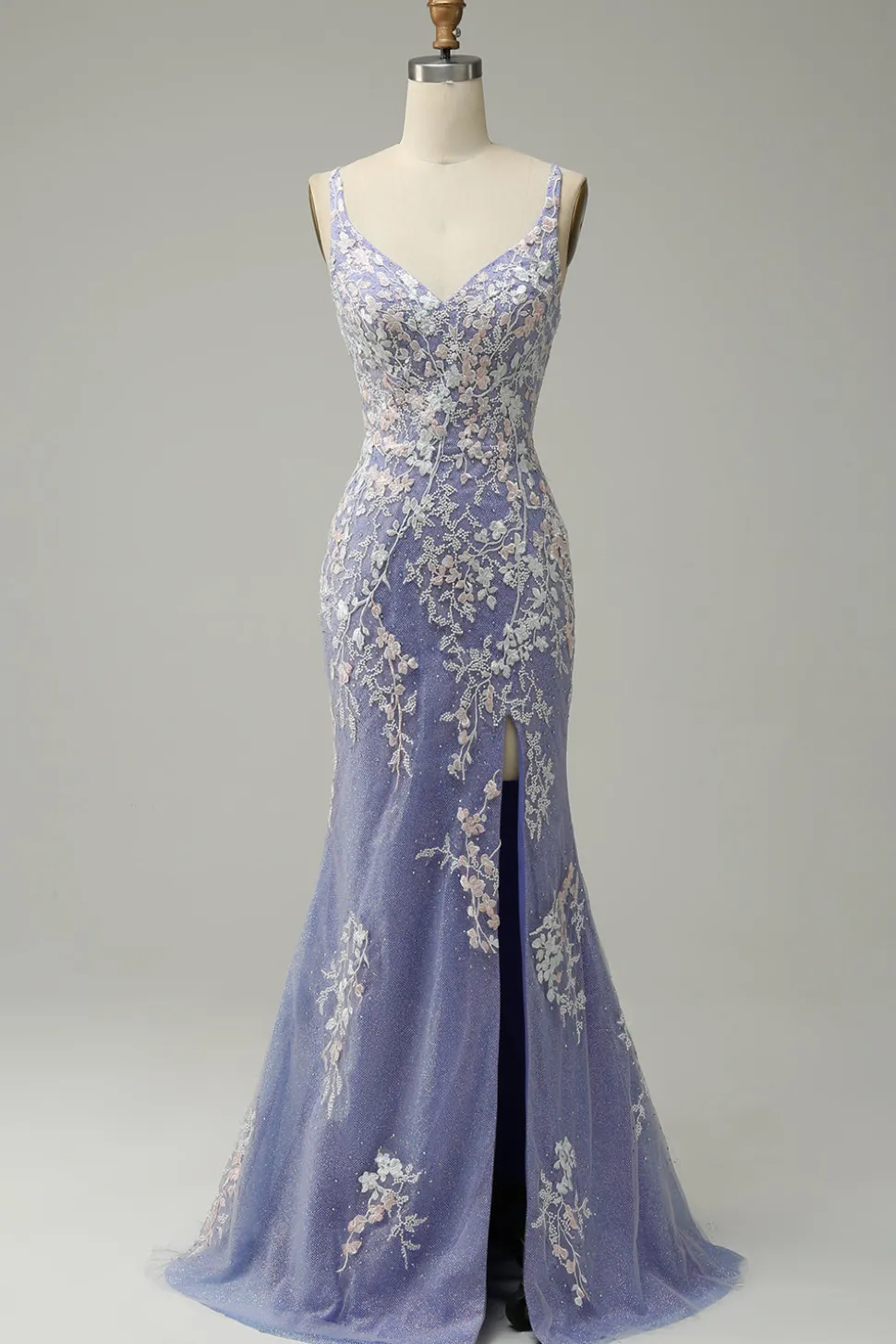 Sereia da moda V pescoço azul claro vestido longo baile de formatura com apliques fenda