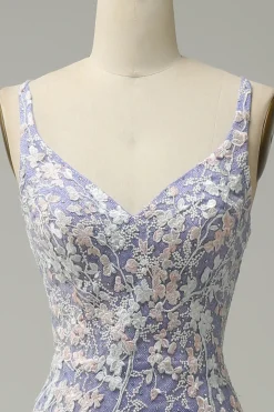 Sereia da moda V pescoço azul claro vestido longo baile de formatura com apliques fenda