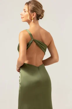 Sereia de azeitona um ombro sem costas cetim longo vestido de dama de honra