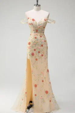 Sereia de champanhe brilhante fora do ombro espartilho floral longo vestido de baile com fenda