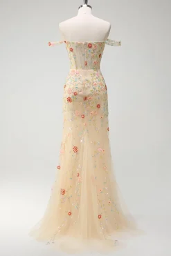 Sereia de champanhe brilhante fora do ombro espartilho floral longo vestido de baile com fenda