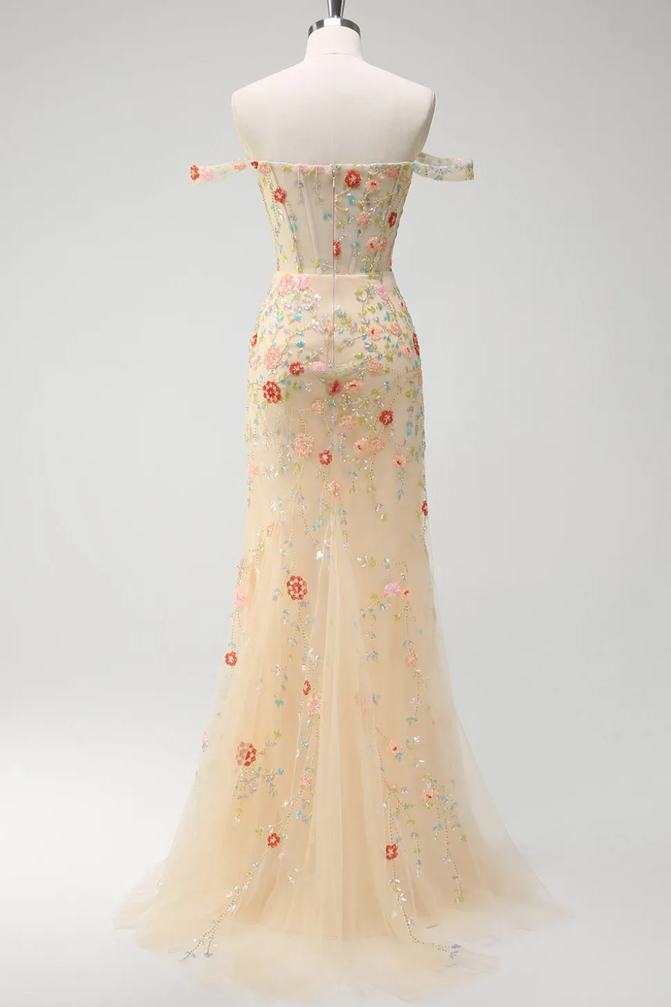 Sereia de champanhe brilhante fora do ombro espartilho floral longo vestido de baile com fenda