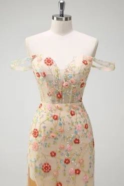 Sereia de champanhe brilhante fora do ombro espartilho floral longo vestido de baile com fenda