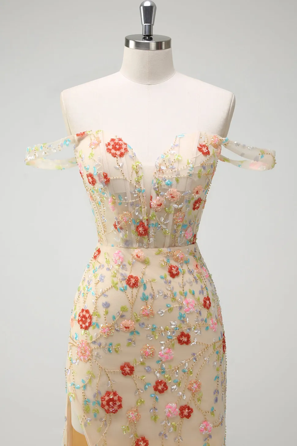 Sereia de champanhe brilhante fora do ombro espartilho floral longo vestido de baile com fenda