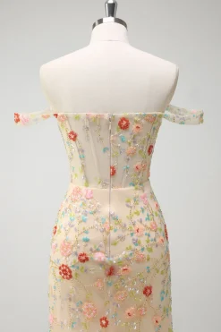 Sereia de champanhe brilhante fora do ombro espartilho floral longo vestido de baile com fenda