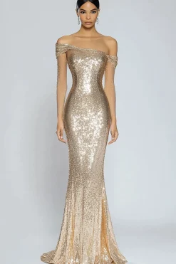 Sereia de champanhe brilhante fora do ombro Sequins longo vestido formal
