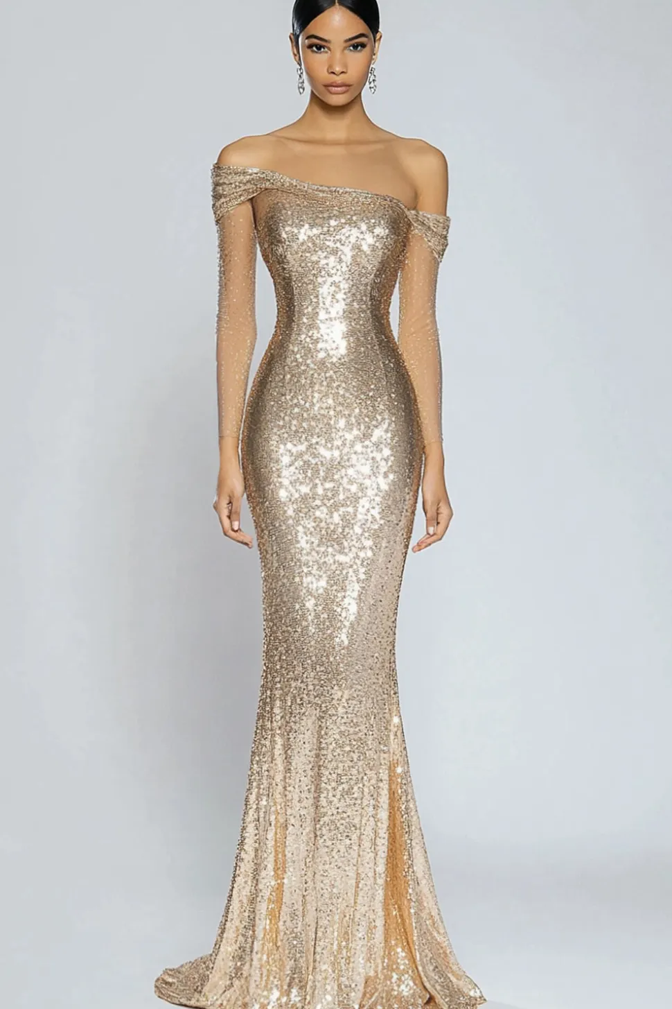 Sereia de champanhe brilhante fora do ombro Sequins longo vestido formal