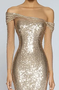 Sereia de champanhe brilhante fora do ombro Sequins longo vestido formal