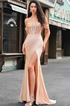 Sereia de champanhe fora do ombro espartilho vestido longo baile de formatura com fenda