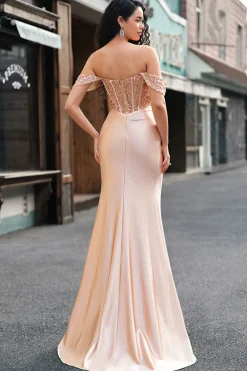 Sereia de champanhe fora do ombro espartilho vestido longo baile de formatura com fenda