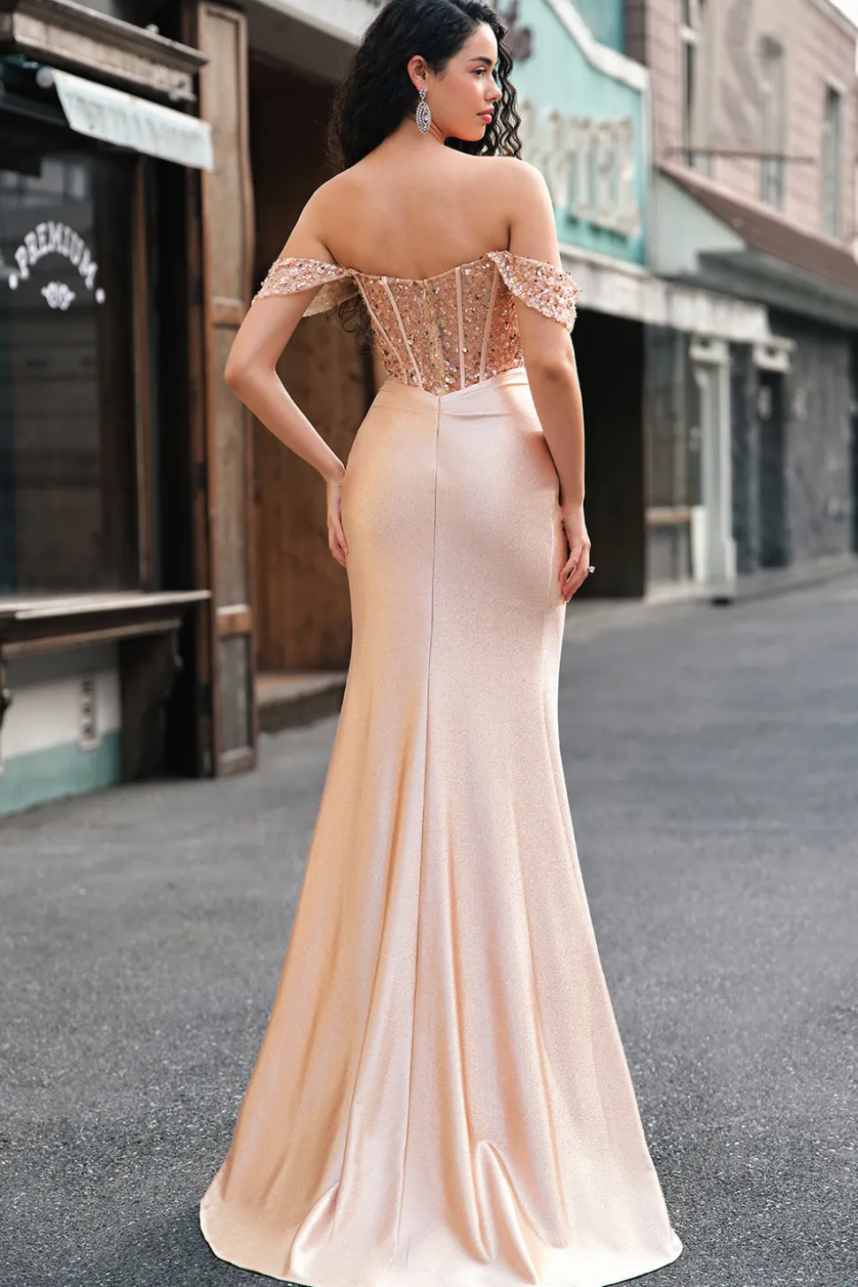Sereia de champanhe fora do ombro espartilho vestido longo baile de formatura com fenda