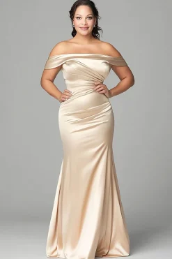 Sereia de champanhe fora do ombro Plus Size cetim mãe do vestido da noiva