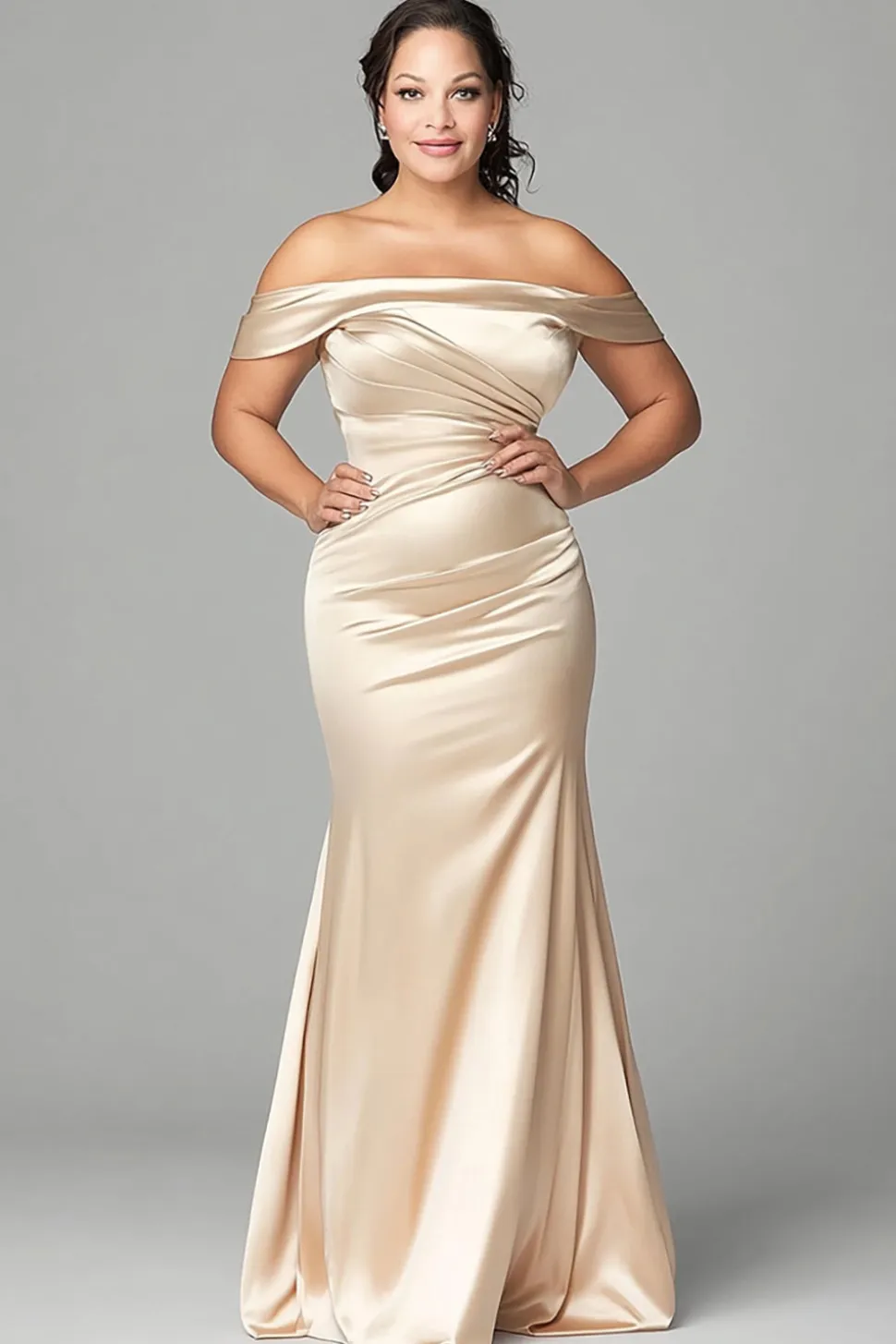 Sereia de champanhe fora do ombro Plus Size cetim mãe do vestido da noiva
