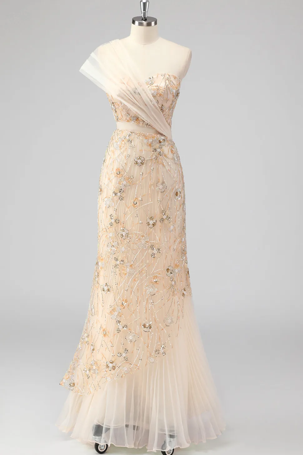Sereia de champanhe um ombro frisado vestido de baile com apliques