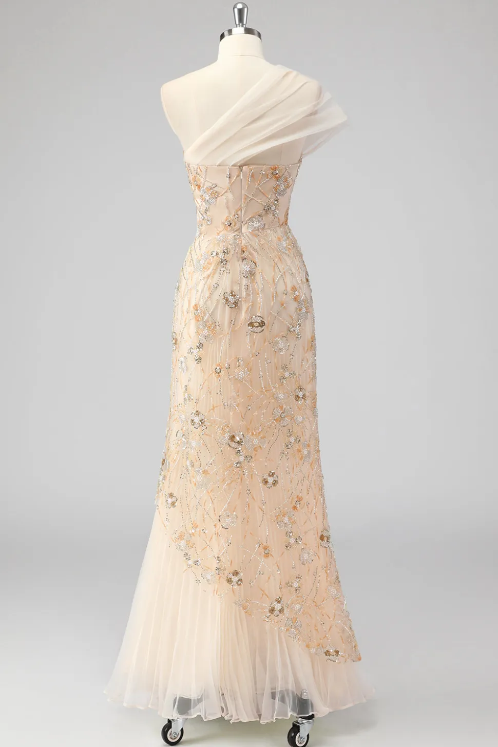 Sereia de champanhe um ombro frisado vestido de baile com apliques