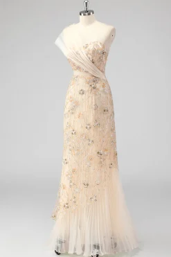 Sereia de champanhe um ombro frisado vestido de baile com apliques