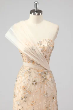 Sereia de champanhe um ombro frisado vestido de baile com apliques