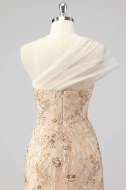Sereia de champanhe um ombro frisado vestido de baile com apliques
