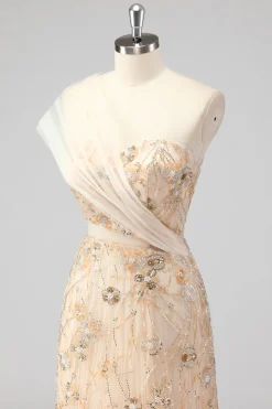 Sereia de champanhe um ombro frisado vestido de baile com apliques
