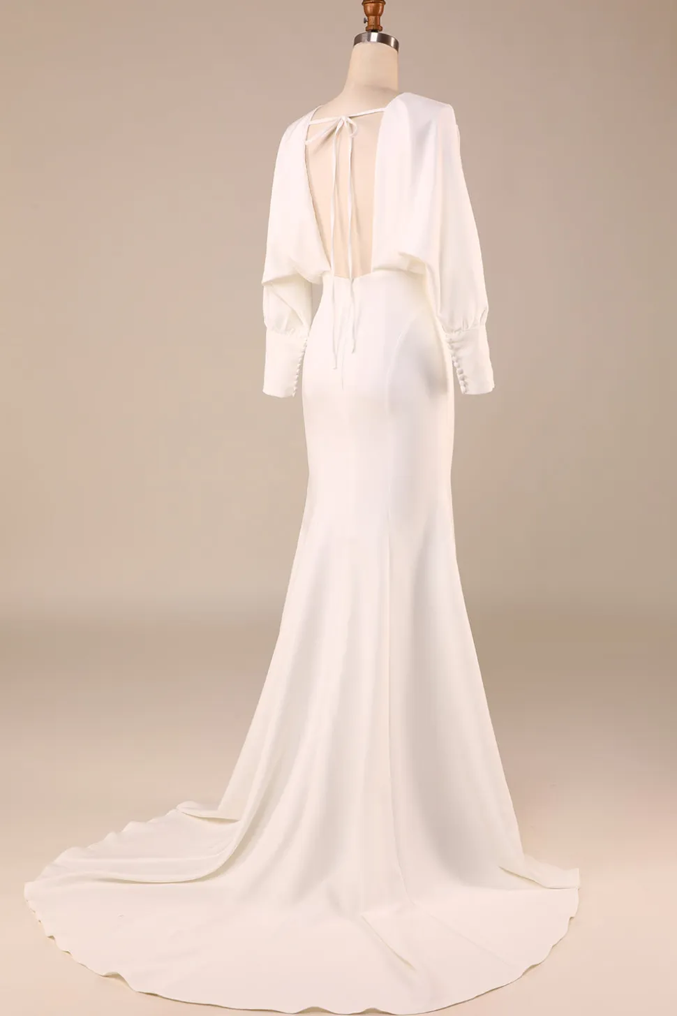 Sereia de Marfim Simples Mangas Longas Deep V-Neck Vestido de Noiva