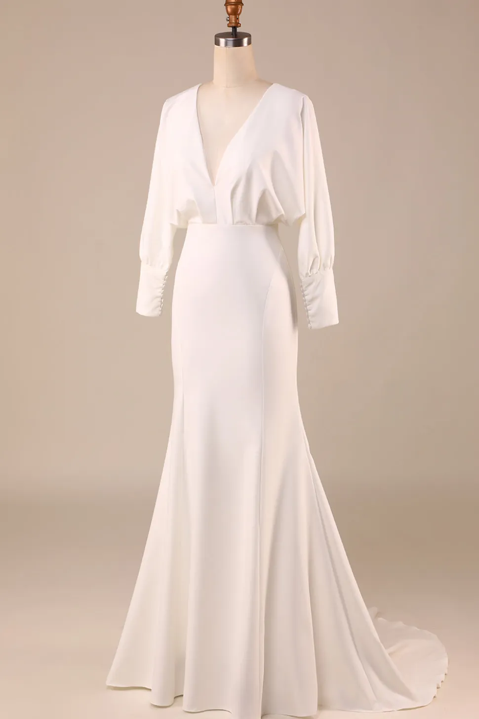 Sereia de Marfim Simples Mangas Longas Deep V-Neck Vestido de Noiva