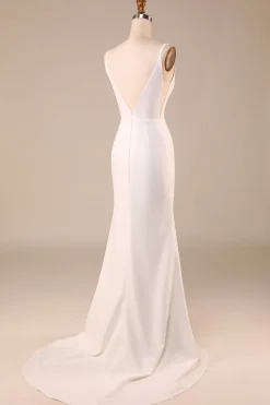 Sereia de marfim simples sem costas vestido de noiva longo com fenda