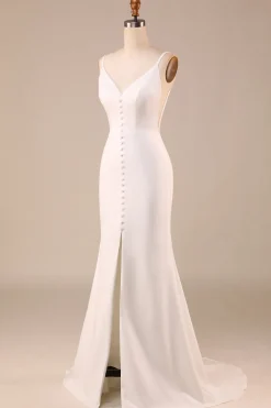 Sereia de marfim simples sem costas vestido de noiva longo com fenda