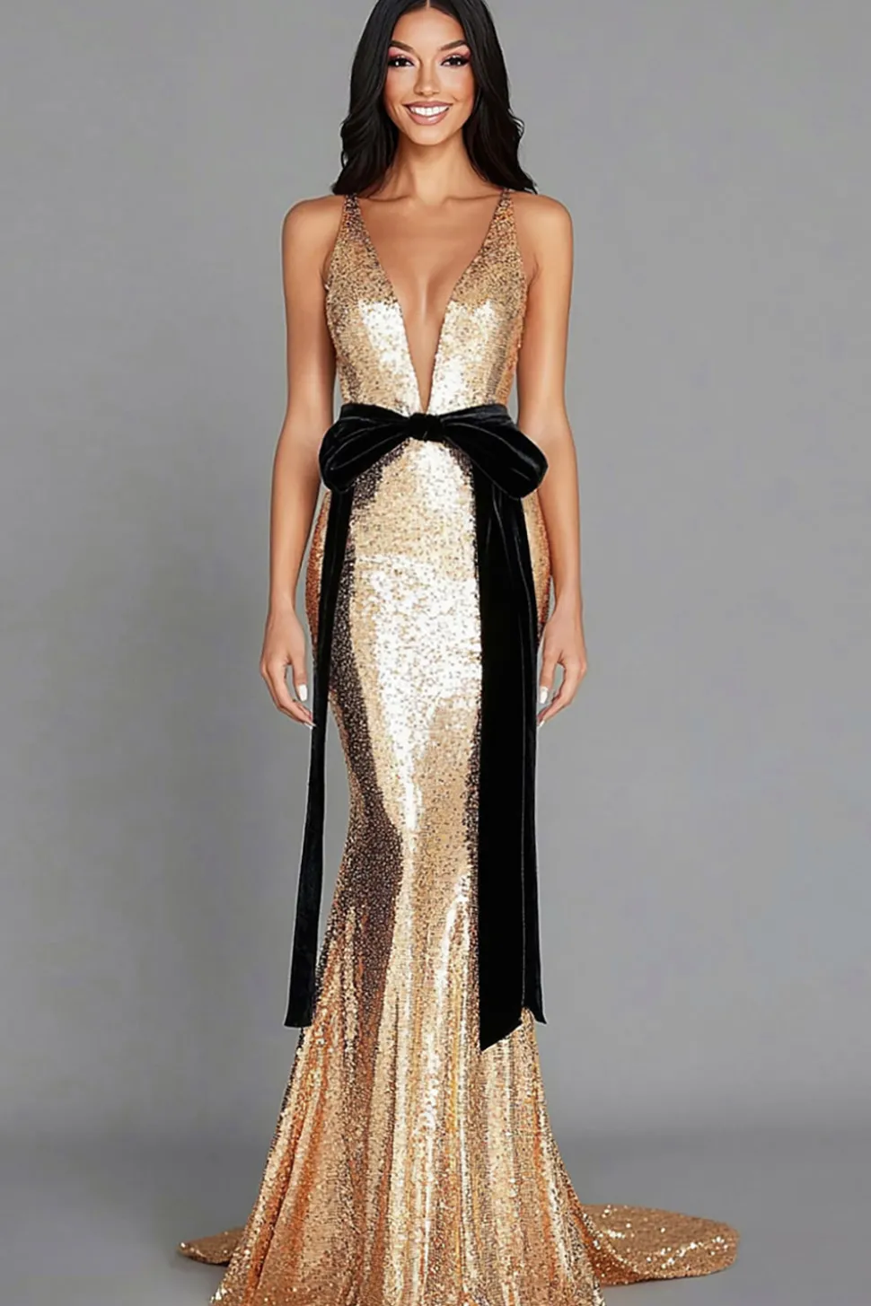 Sereia de Ouro Deep V Neck Sequins Vestido de Gala Longo com Arco Preto