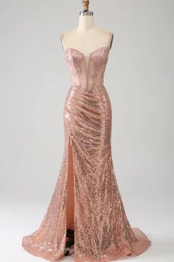 Sereia de ouro rosa frisado ruched lantejoulas espartilho vestido de baile com fenda lateral